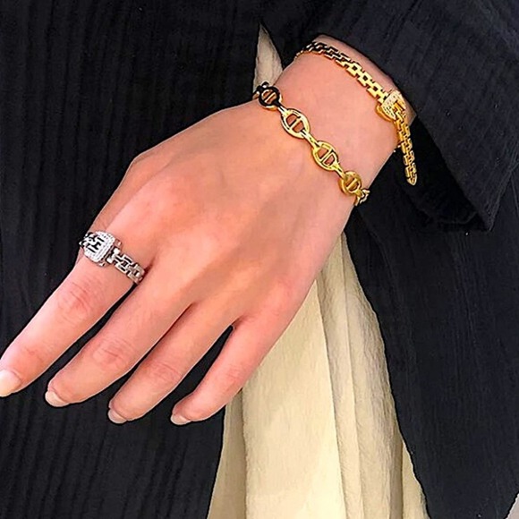 Silver Belt Buckle Bracelet Matching Ring Set, Minimalist, Zircon, Chain Link - Picture 12 of 12